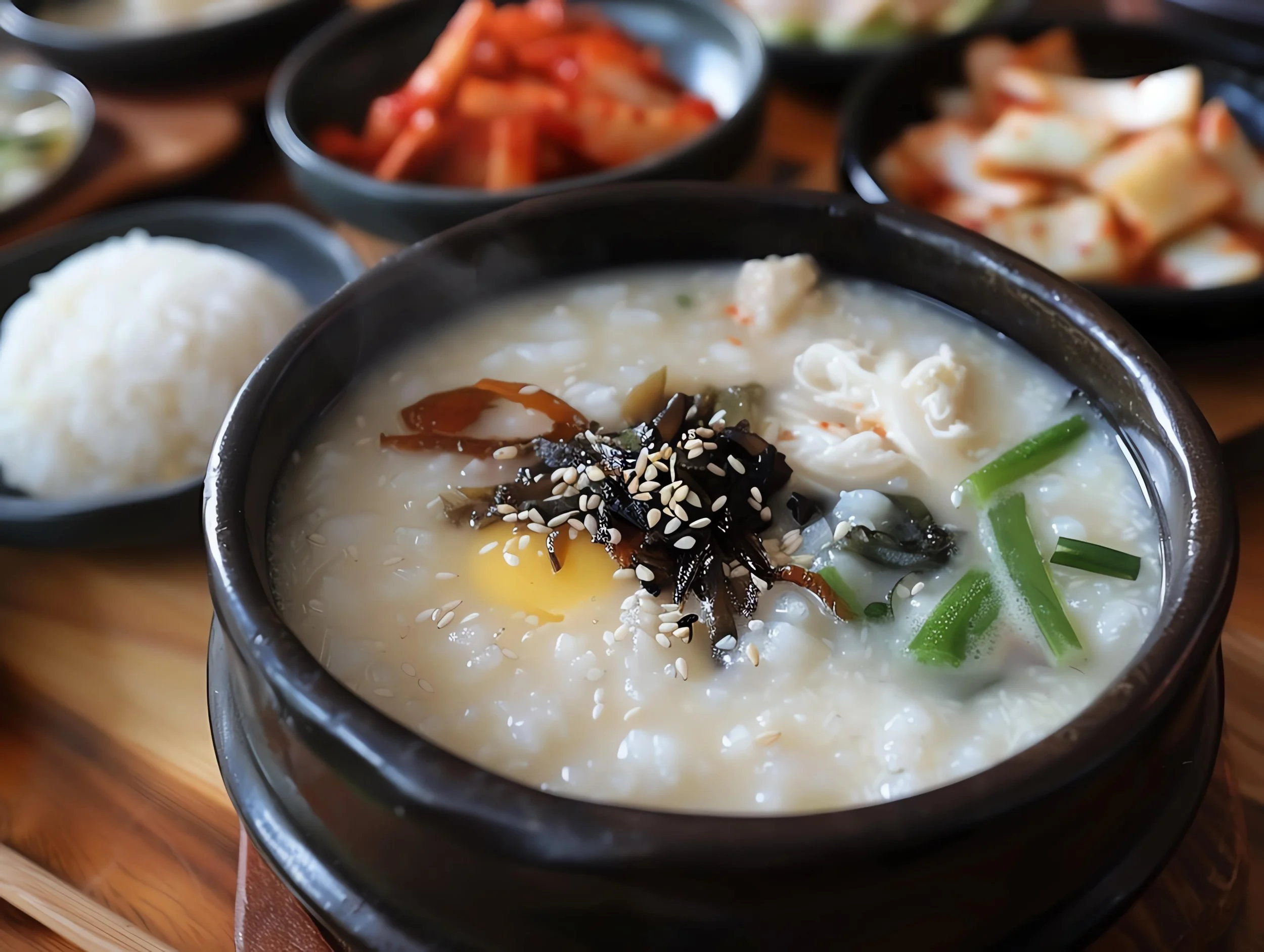 Savory congee infused with warm spices, available with chicken or vegetables, for postpartum nourishment