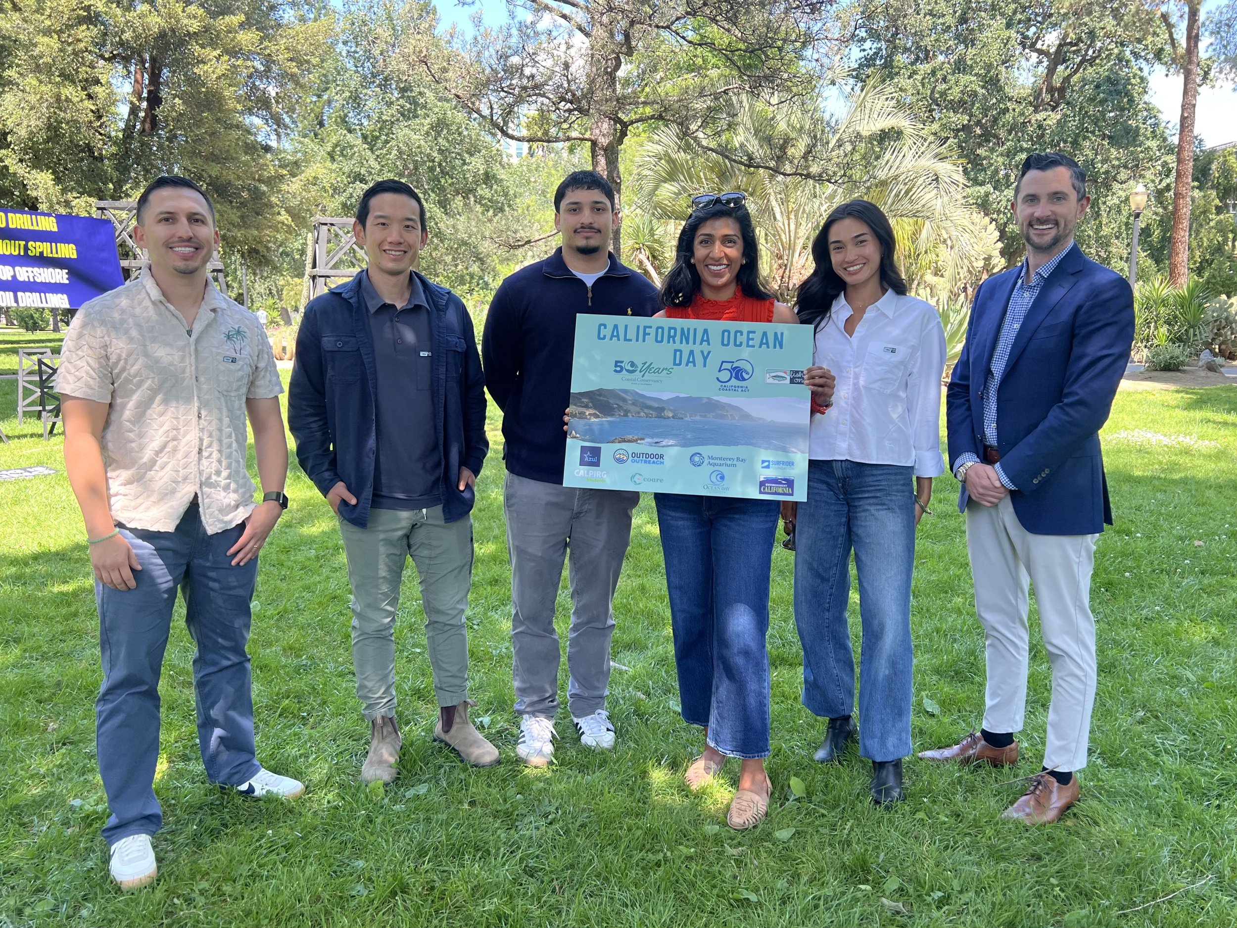 Fish On Team at California Ocean Day. Pictured from left to right: Fish On Ambassador Steven, Fish On Ambassador Austin, Fish On Ambassador Zain, Founder and Executive Director Anupa Asokan, Joy Hano, and Ambassador Program Manager Matthew Koller