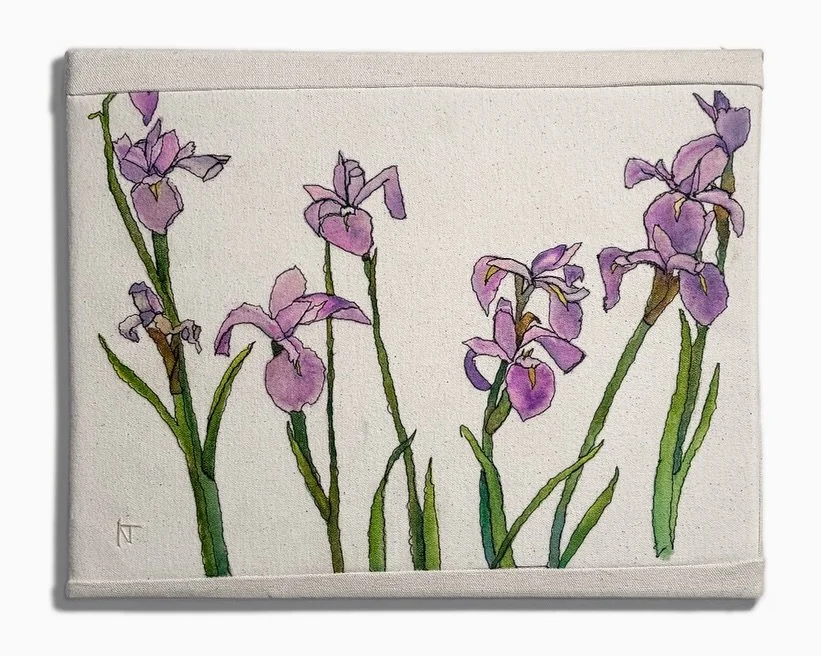 Wild Irises, 2026
Watercolor with thread

From my childhood to now, I have taken photos of flowers. Flowers have been a subconscious thread that has carried through me as I have grown. This reference photo was taken with my very first camera when I w