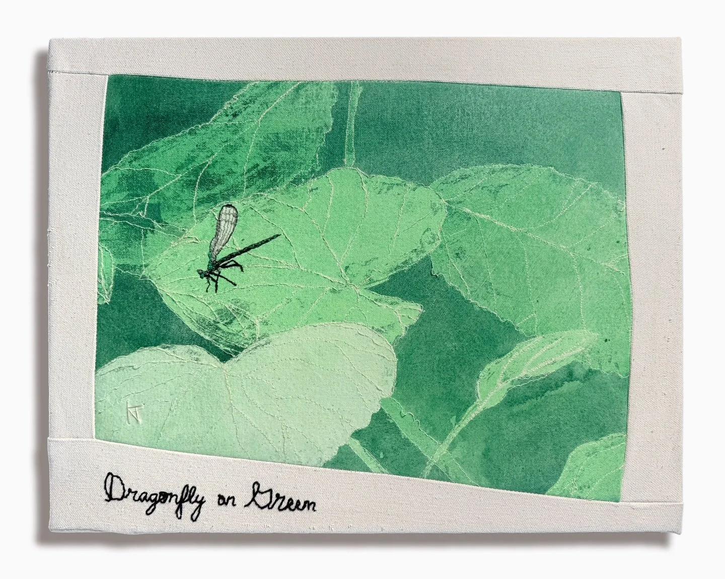 Dragonfly on Green, 2026
Watercolor with Thread

Painting masking techniques + sewing for added details. The photo I took on one of my many wanders in 2019 on some Missouri trail.