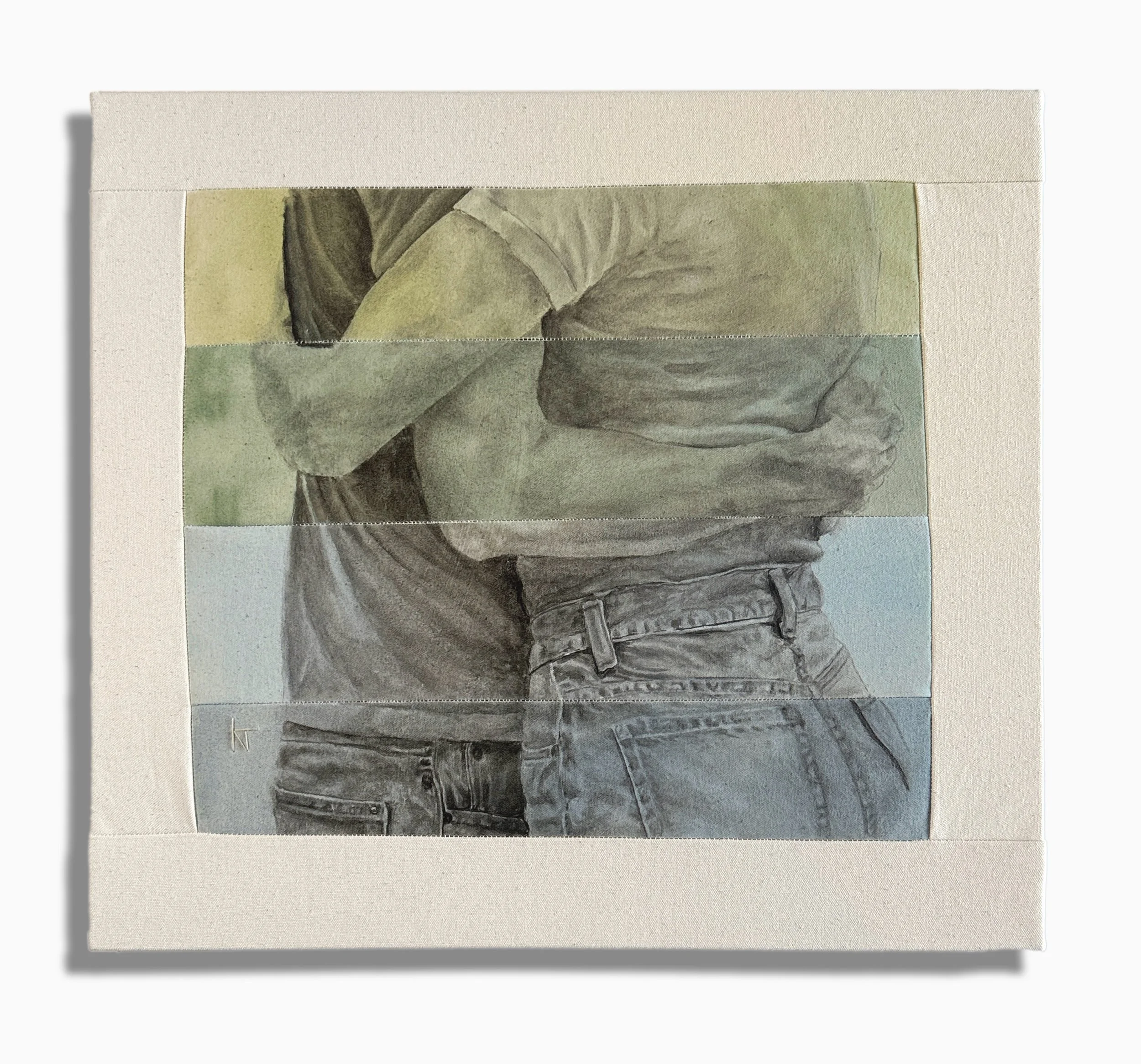Holding Pattern, 2026

Watercolor and thread 

Sometimes I hold you, and sometimes you hold me. Those roles shift back and forth. 
Sometimes I am moving and you are still. Sometimes the opposite. 
2 help create movement when 1 cannot find it alone, b