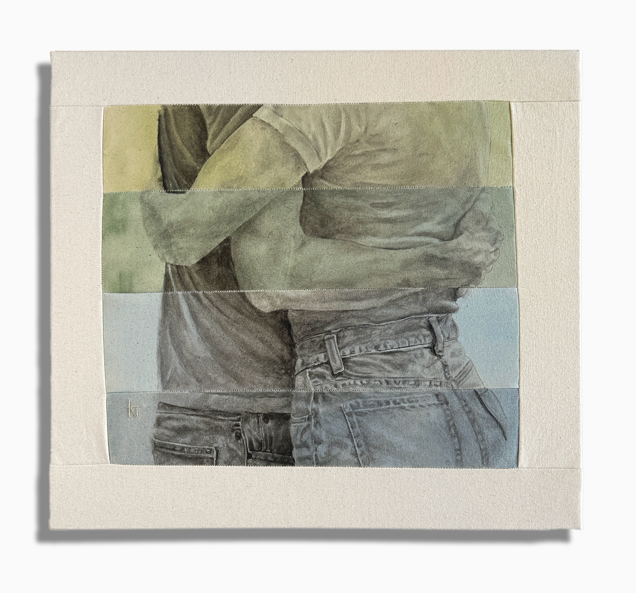 a painting that has been cut into 4 strips, each a different color, and sewn back together. the subject painted is 2 people hugging.