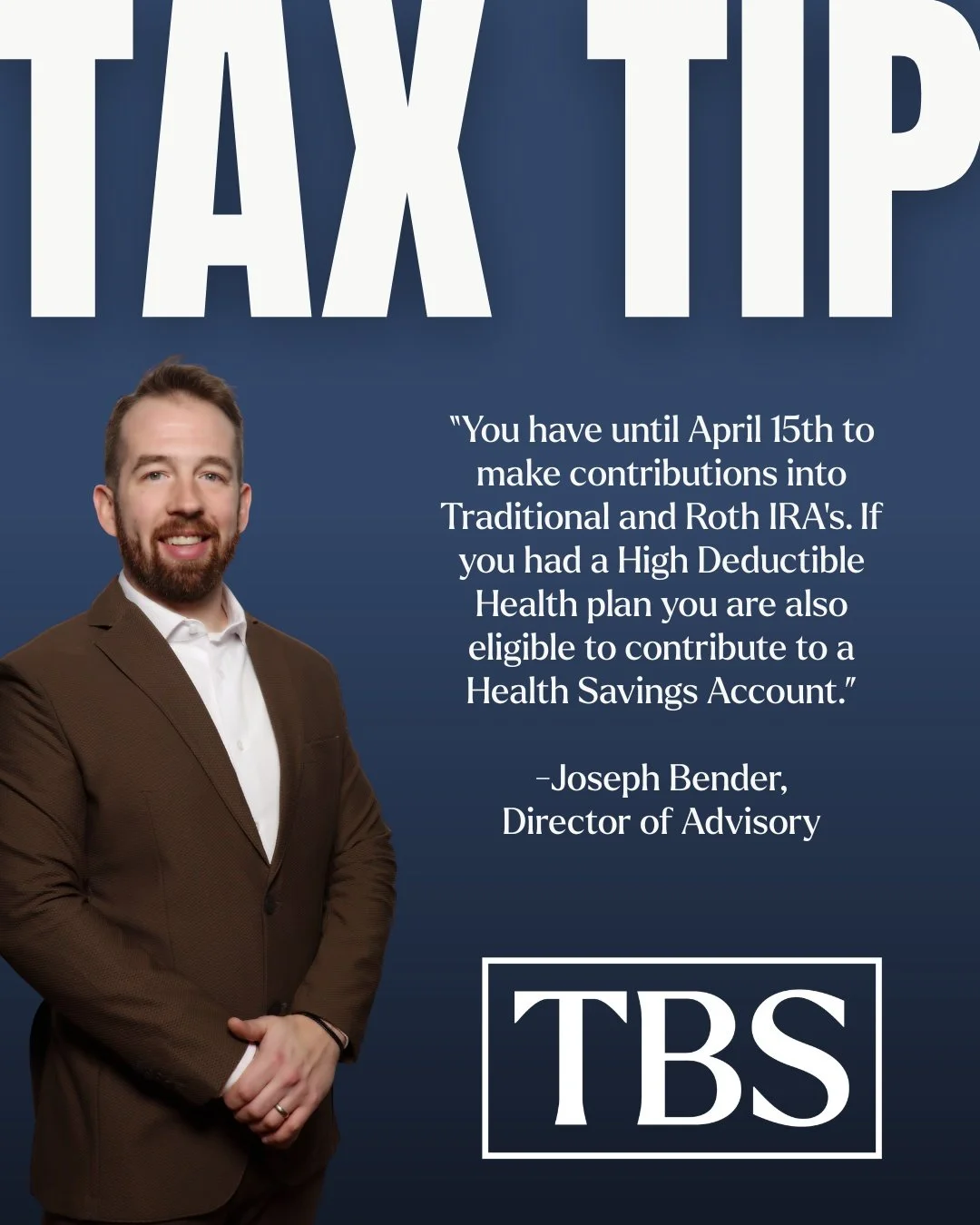 Tax Tip Tuesday is back!💸

This week, Joseph Bender, Director of Advisory, is sharing an important reminder as we approach the filing deadline:

&ldquo;You have until April 15th to make contributions into Traditional and Roth IRAs. If you had a High