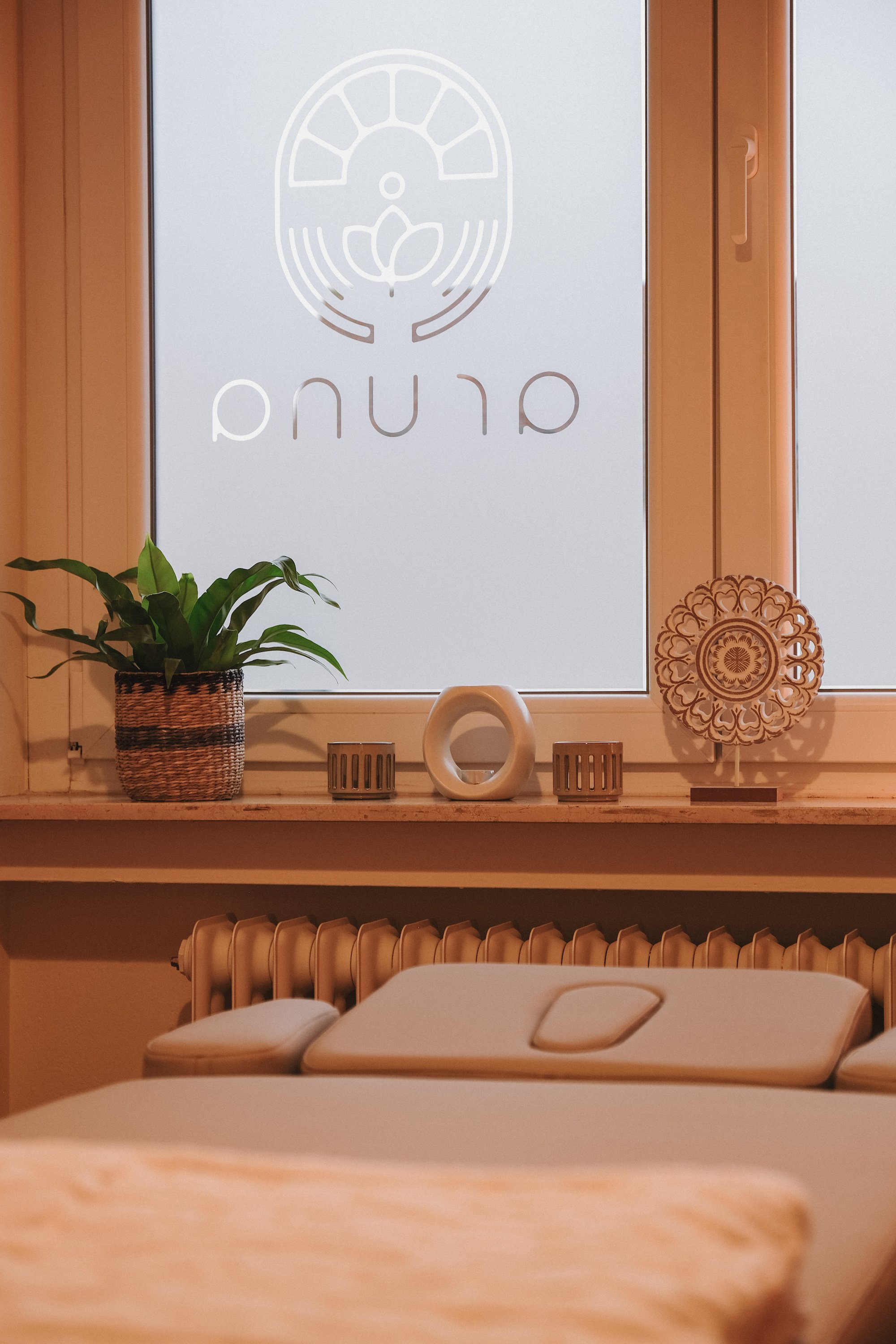 Ein Behandlungsraum zur Osteopathie und Kinésithérapie mit Behandlungsbank, Grünpflanzen und Boho Deko.