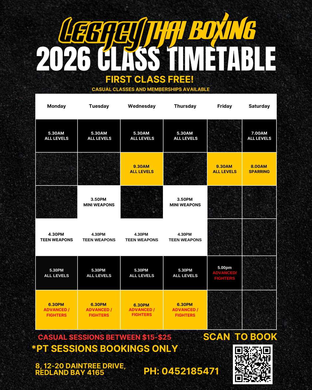 2026 Thai Boxing class timetable with scheduled sessions Monday to Saturday, including all levels, mini weapons, teen weapons, sparring, and advanced fighters, with a QR code and contact information.