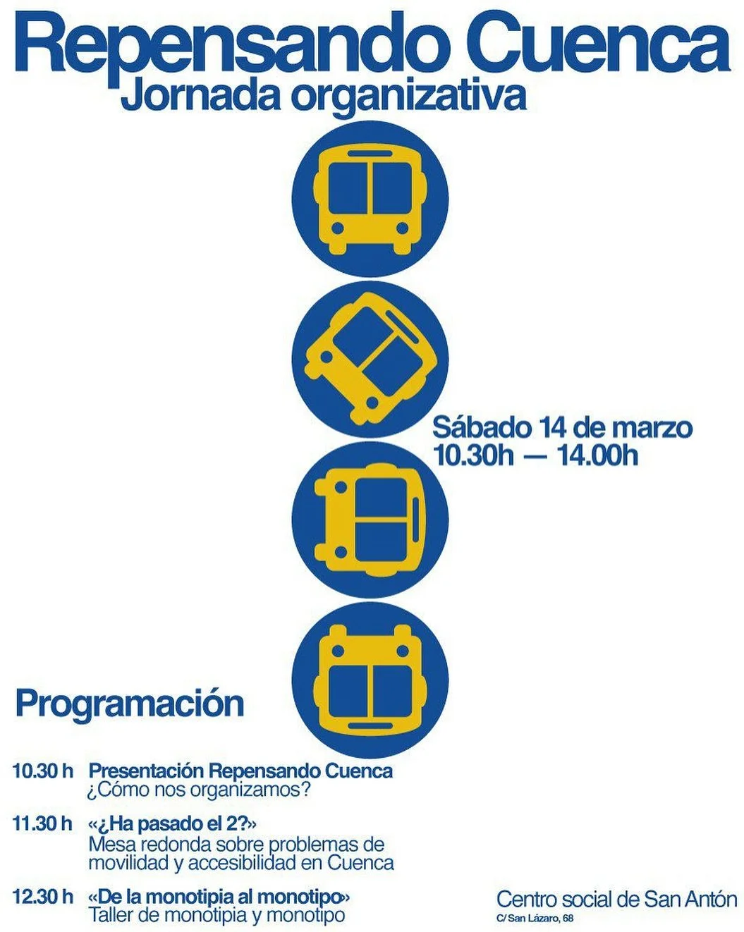 🚌Estamos encantadas de formar parte de la Jornada Organizativa &ldquo;Repensando Cuenca&rdquo;, un encuentro esencial para reflexionar y actuar sobre la movilidad y accesibilidad en nuestra ciudad.

📅 S&aacute;bado 14 de marzo
⏰ 10:30h - 14:00h
📍 