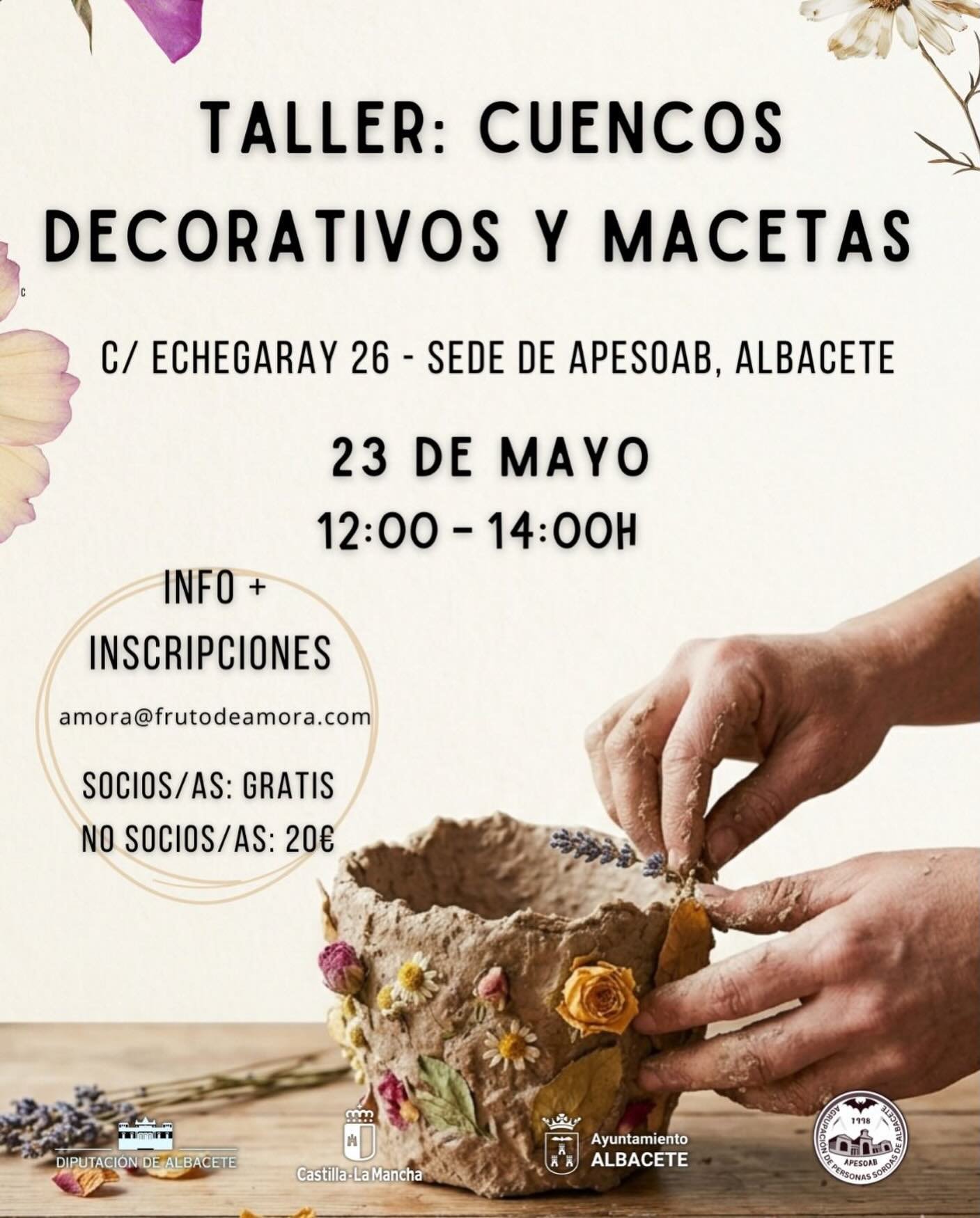&iexcl;An&iacute;mate a crear con tus propias manos! 🌸🤲 &Uacute;nete a nuestro Taller de Cuencos Decorativos y Macetas. Aprender&aacute;s a moldear y decorar piezas &uacute;nicas con elementos naturales.
🗓 Fecha: 23 de mayo
⏰ Hora: 12:00 - 14:00h
