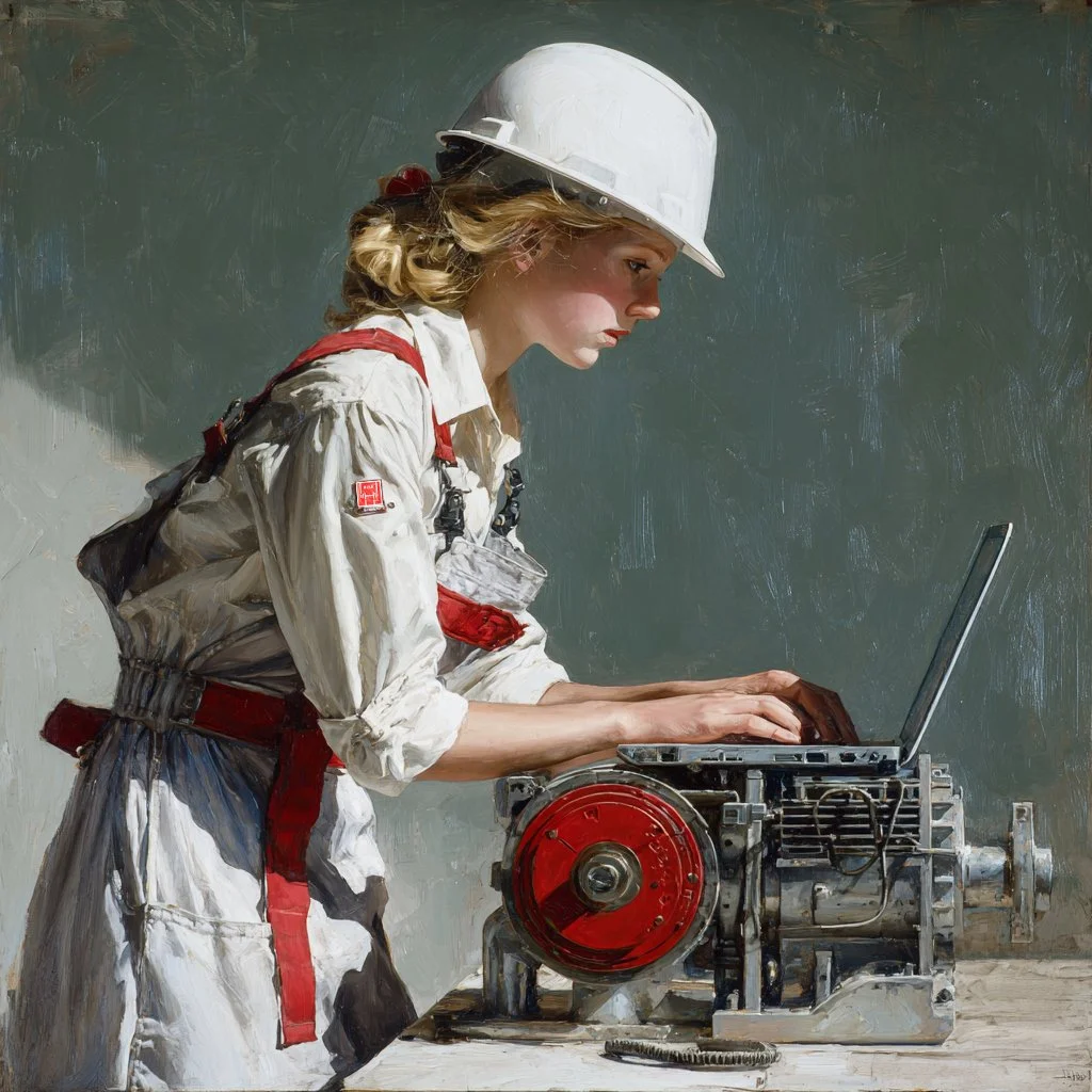A woman wearing a white helmet and work uniform working on a mechanical device and typing on a laptop.