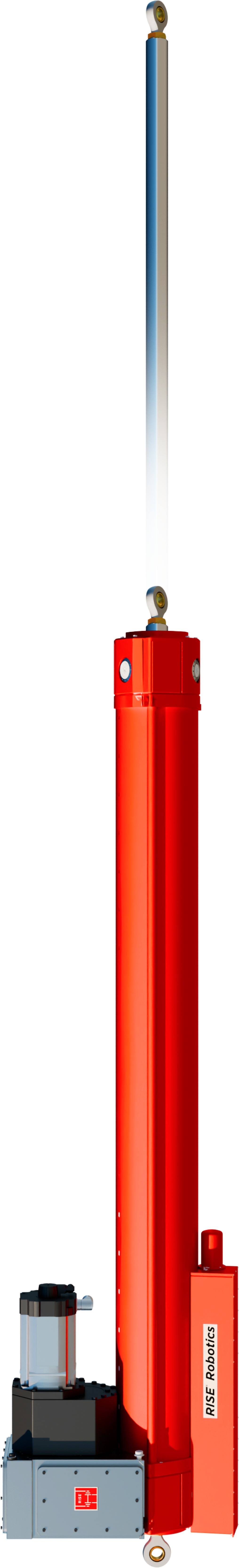 A tall device with a long vertical rod, a red cylindrical body, and a box labeled "RISE Robotics" at the bottom left. The device appears industrial and robotic-tech related.