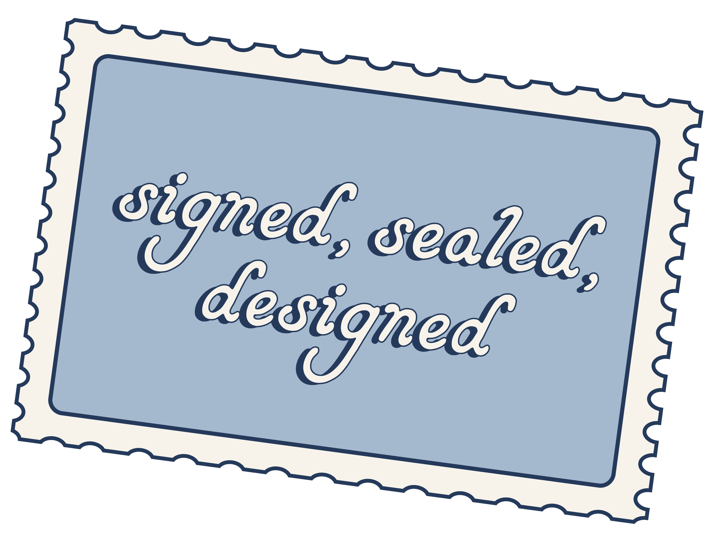 StudioSyd postage stamp graphic reading “Signed, Sealed, Designed.”