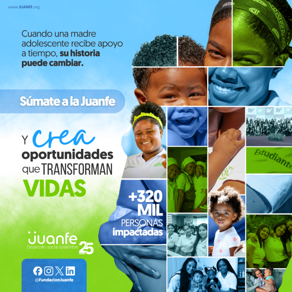 A promotional infographic in Spanish for Juanfe, a social development organization. It features diverse children, smiling and smiling, with a message encouraging support for adolescent mothers. The infographic emphasizes creating opportunities to transform lives, highlighting over 320,000 impacted people and including social media icons.