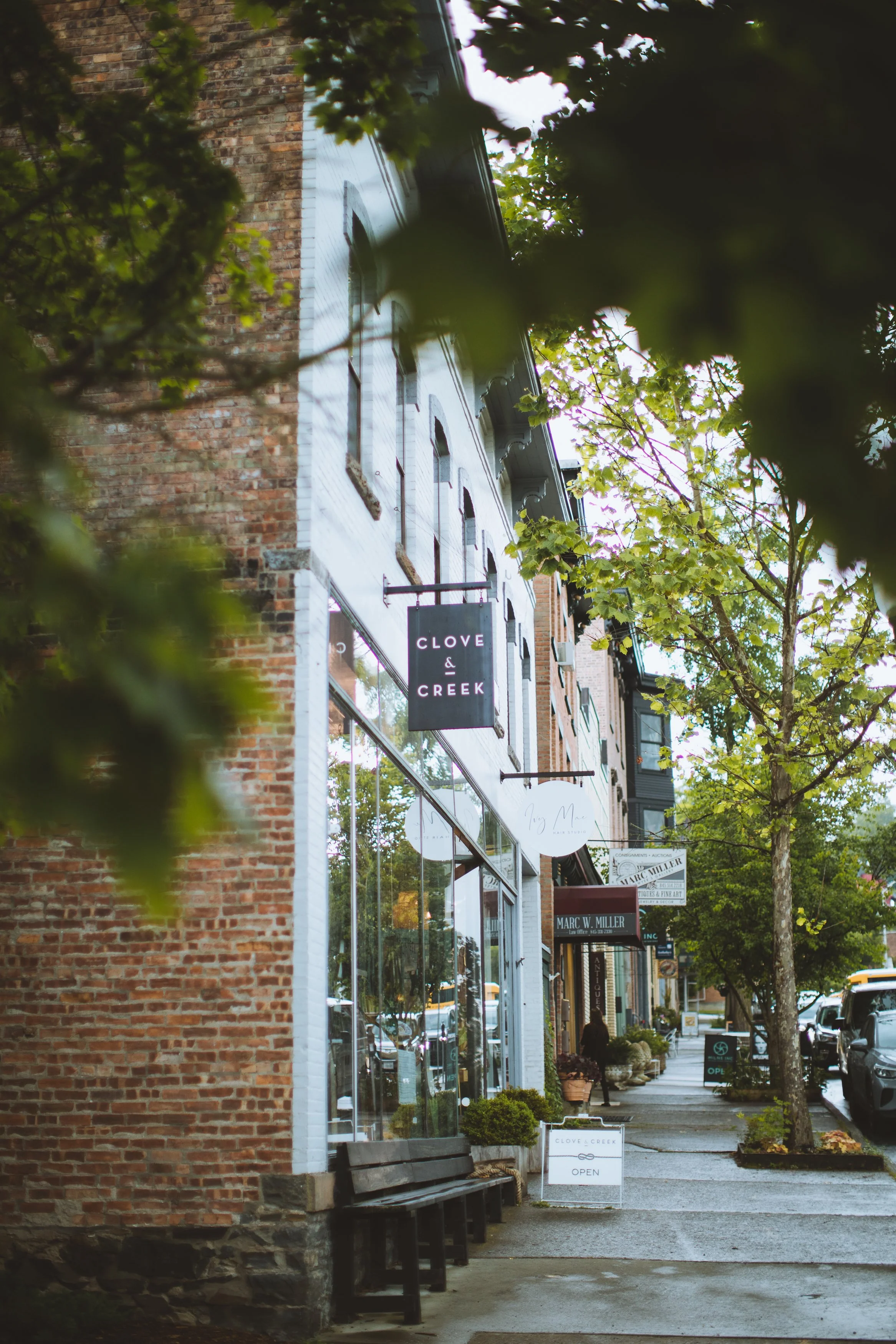 Street view of a brick building with trees and signs, including one for a store named Clove & Creek, with benches and parked cars along the sidewalk.