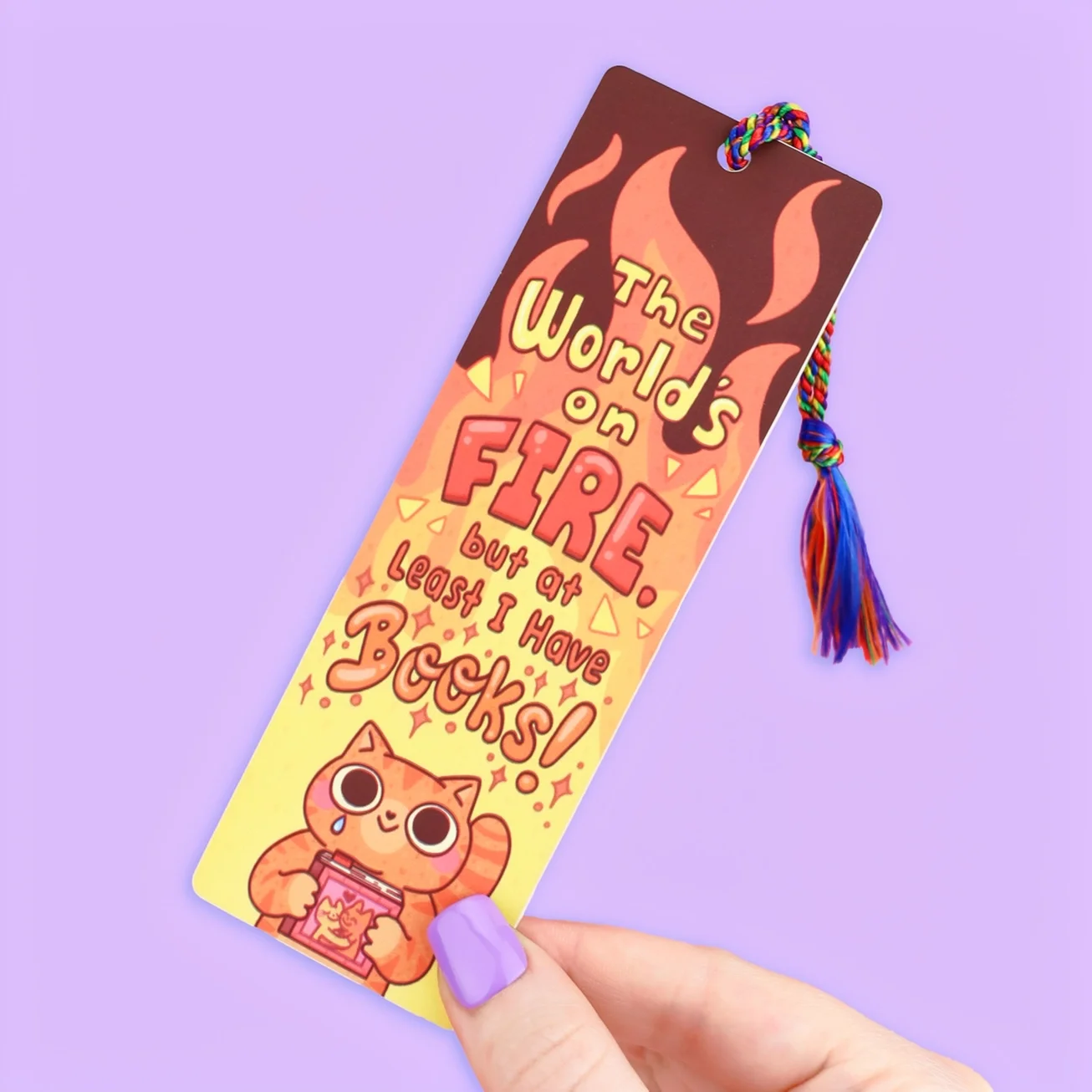 worlds on fire but books bookmark.webp
