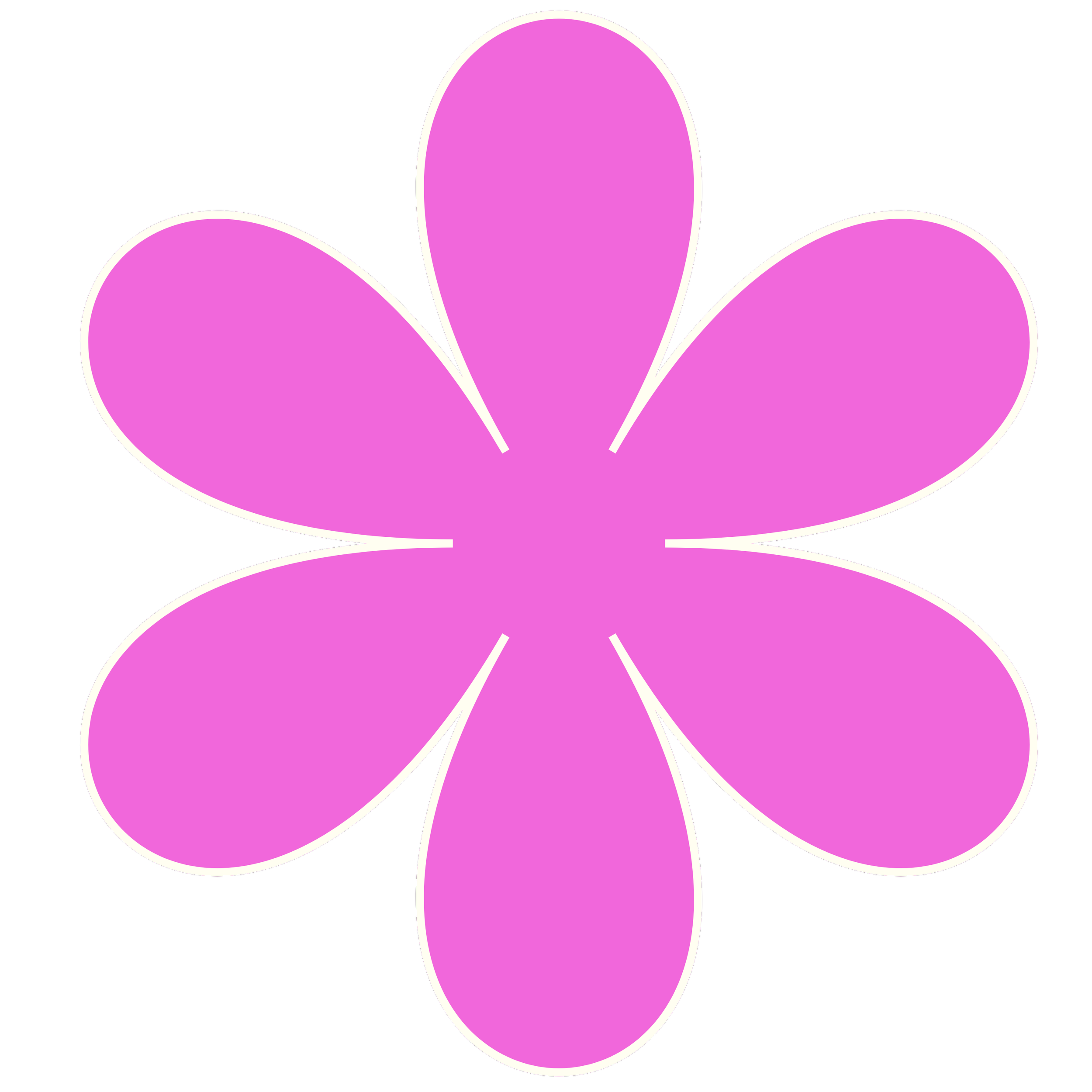 A stylized pink flower with six petals outlined in white on a black background.