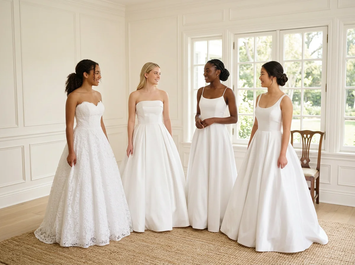 Young women modeling pure-white debutante and society gowns at Sofia Bella Bridal