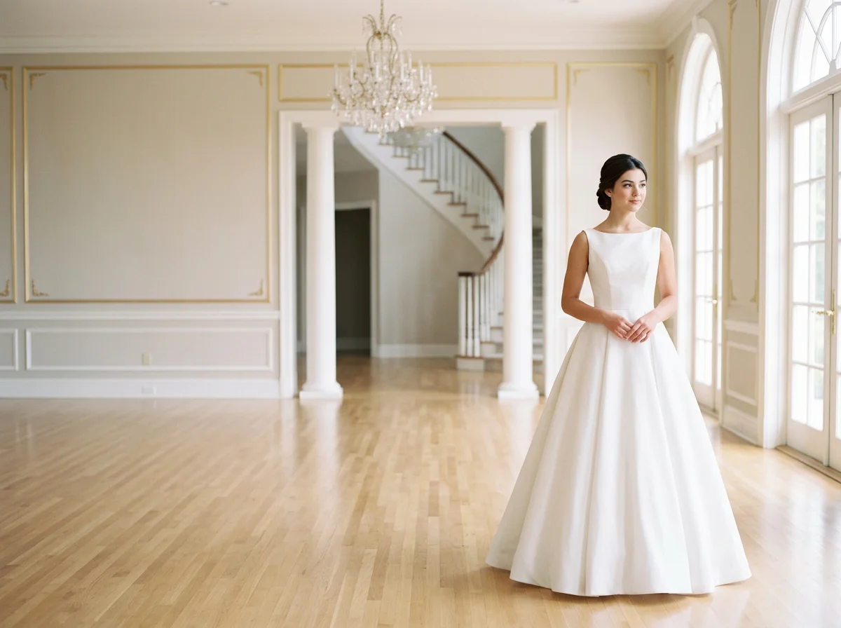 Young woman wearing a pure-white debutante presentation gown in Torrance