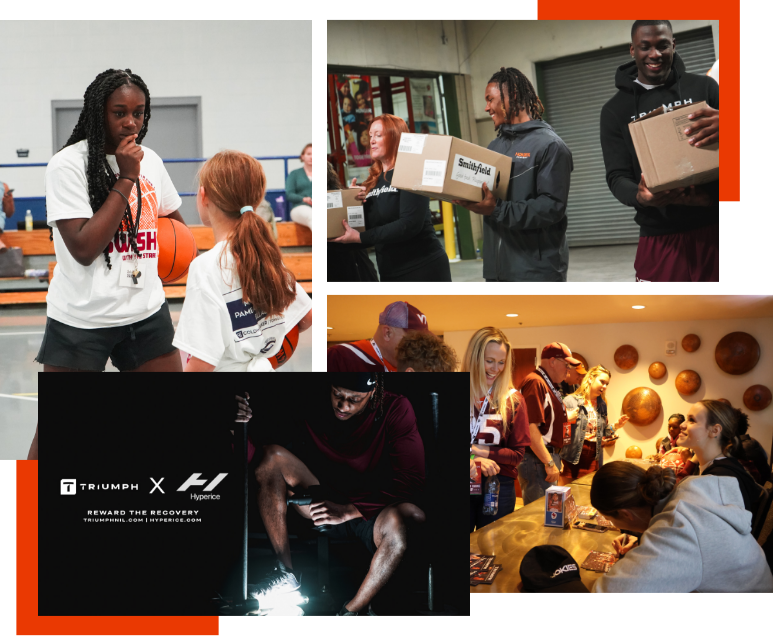 Collage of our athletes working with businesses and interacting with fans.