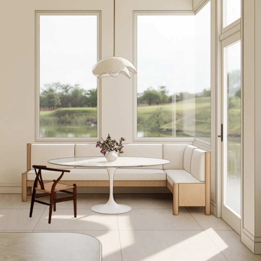 A breakfast nook designed for slow mornings, second cups of coffee, and lingering a little longer than planned. Soft curves, warm oak, and natural light create a quiet corner that feels both timeless and inviting. 

Designed by @studiomiles_ 
Renderi