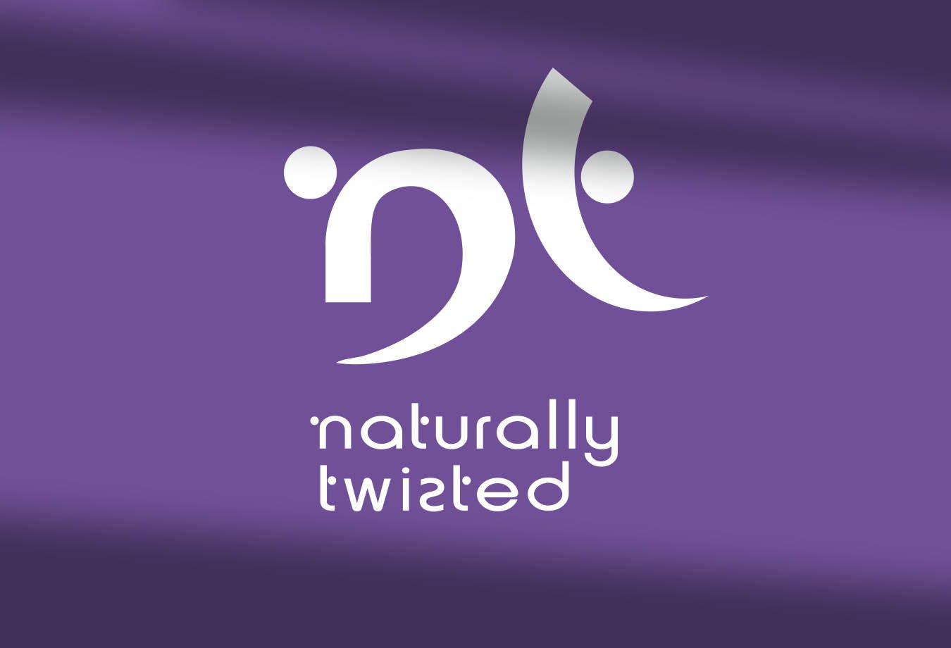 Logo with abstract white design and the text "naturally twisted" on a purple background.
