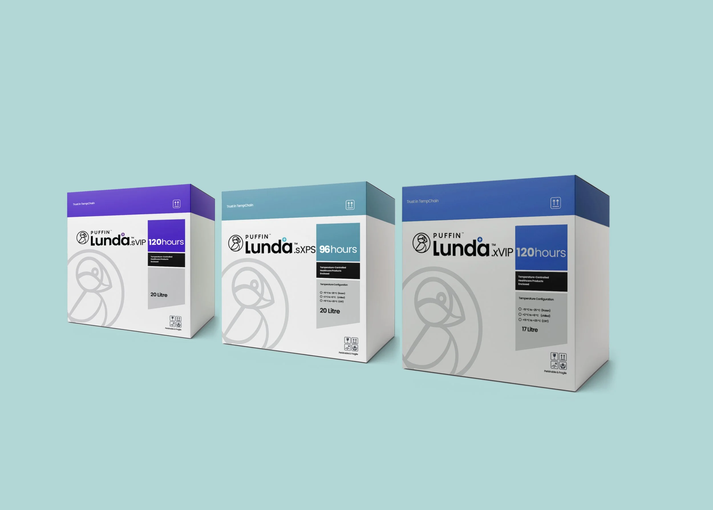 Boxes of Lunda xVIP, Lunda sVIP, and Lunda SXPS medication with packaging indicating 20 liters, 96 hours, and 17 liters on a light blue background.