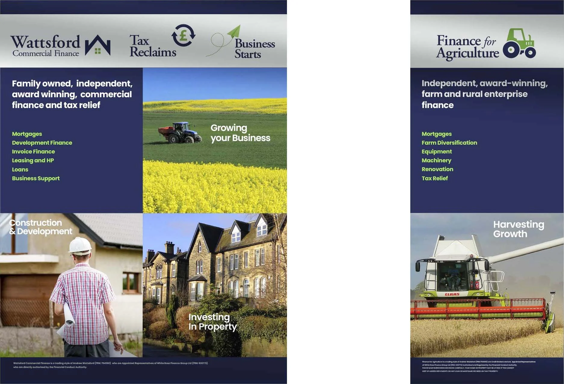 A promotional brochure featuring services offered by Wattsford Commercial Finance, including Business Starts, Tax Reclaims, and Finance for Agriculture. The brochure also highlights services for investing in property, with images of farmland, residential houses, and a construction site.
