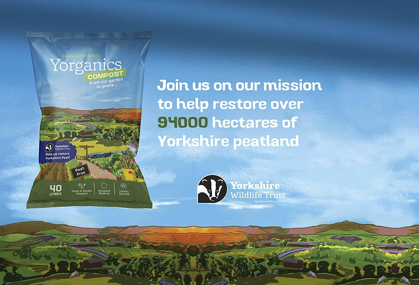 A promotional image for Yorkshire Wildlife Trust featuring a bag of compost with a landscape illustration and text encouraging donations to restore Yorkshire peatland. The background has a blue sky with a scenic landscape at the bottom.