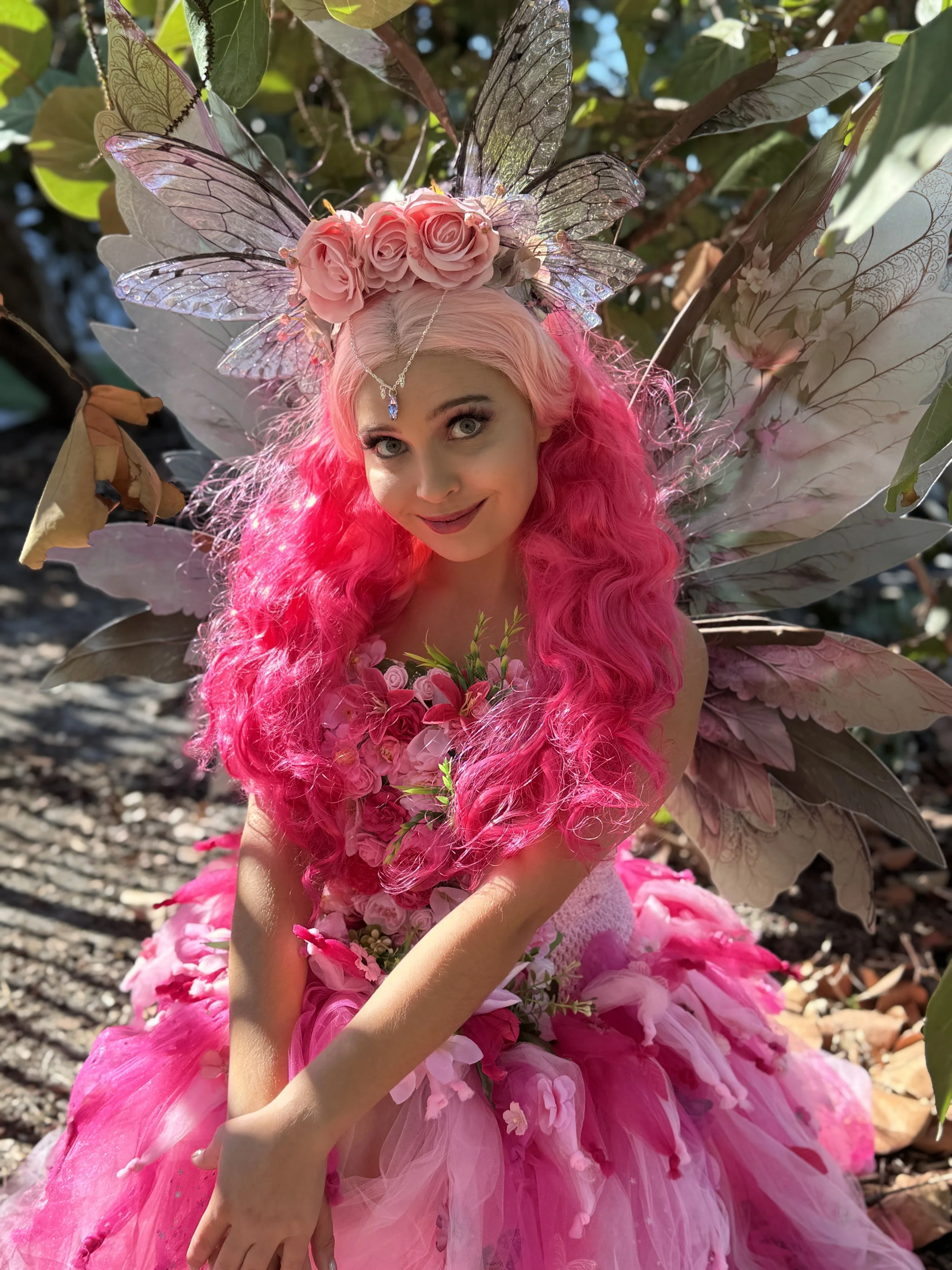 Pink Fairy with huge pink flower wings and headpiece