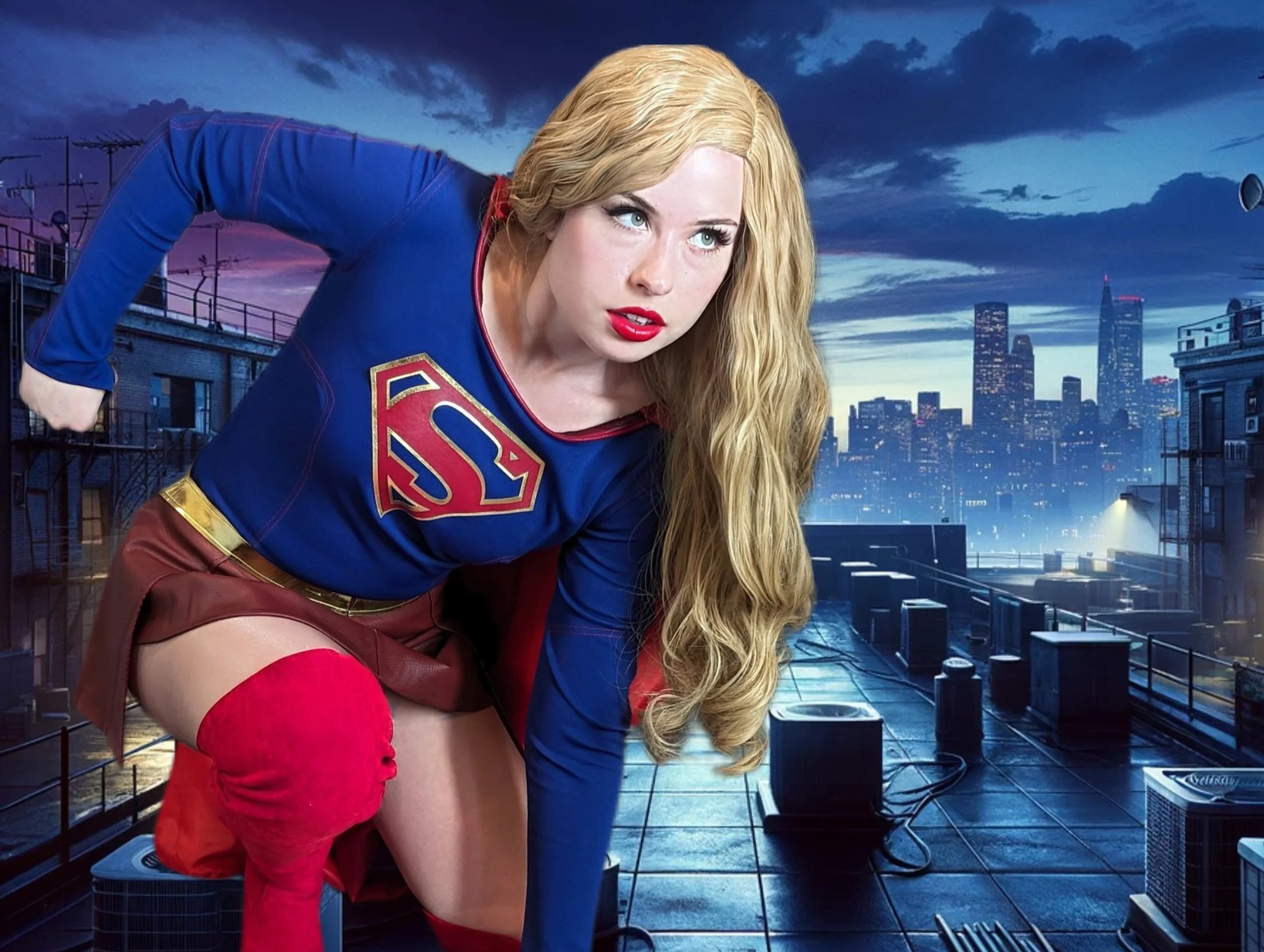 Super Girl crouching on roof with skyline