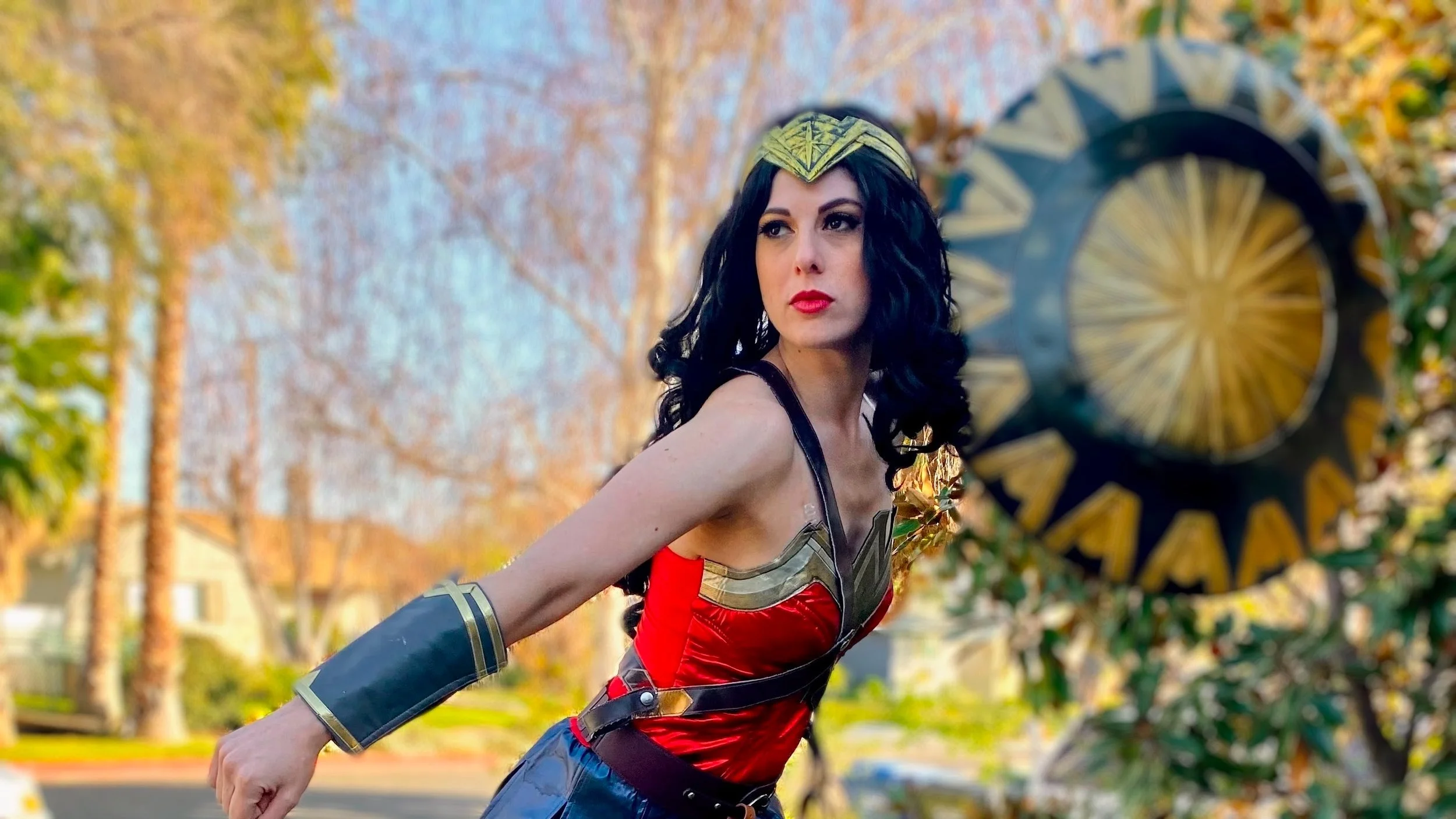 Wonder Woman with her shield doing superhero training