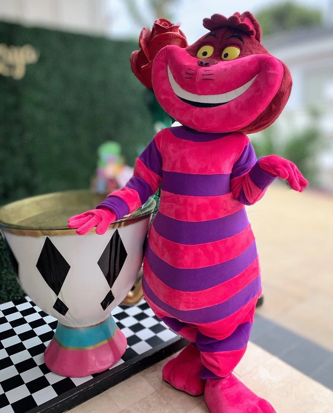 Cheshire Cat standing next to a Giant Cup at Tea Party