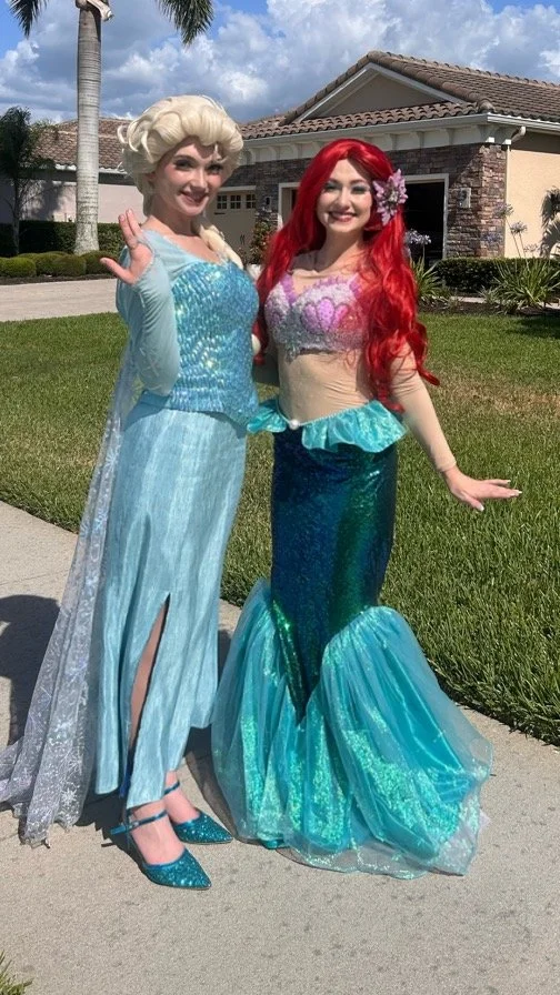 Elsa and Ariel arriving at a children's birthday celebration in Tampa