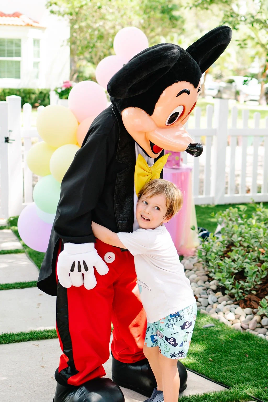 Mickey Mouse getting hugged by a little boy at kids birthday part n Tampa Bay