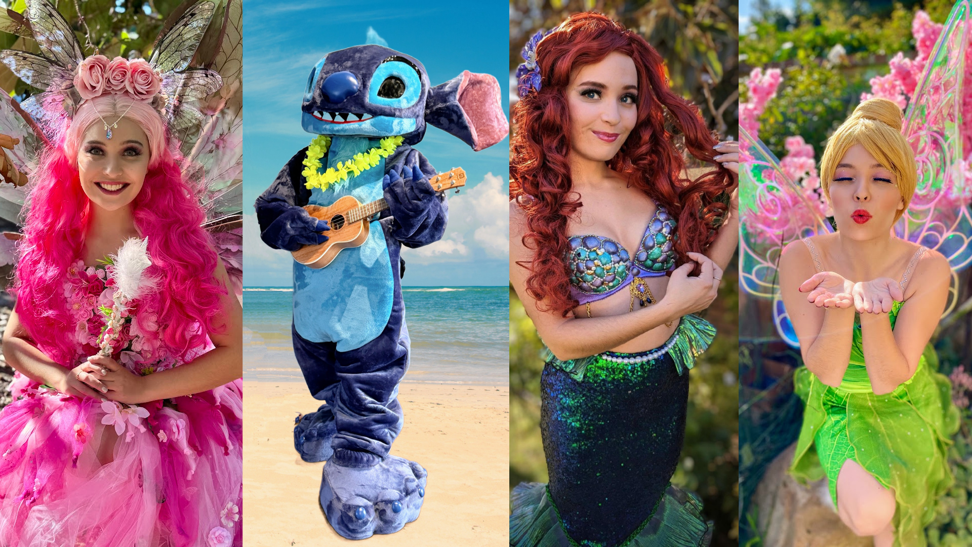 Collage photo includes Pink Fairy, Stitch Mascot, The Little Mermaid and TinkerBell