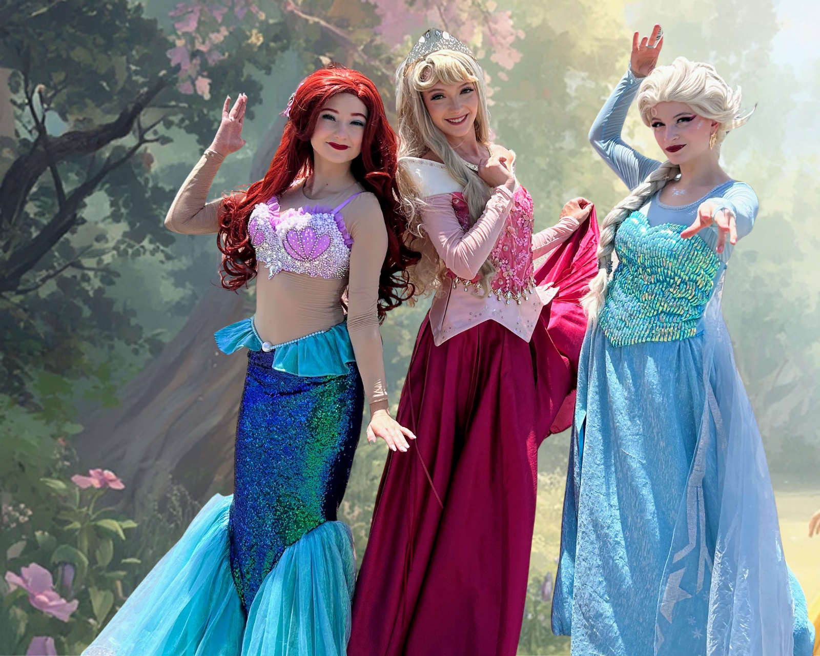 The Little Mermaid, Sleeping Beauty and Elsa from Frozen entertaining at a Princess Party in Tampa.