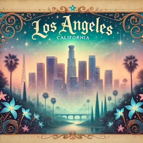 Artwork depicting the skyline of Los Angeles, California, with tall buildings, palm trees, and decorative floral patterns surrounding the scene.