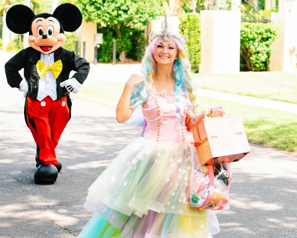 Unicorn Princess and Mickey Mouse arriving at a kids birthday party in Tampa