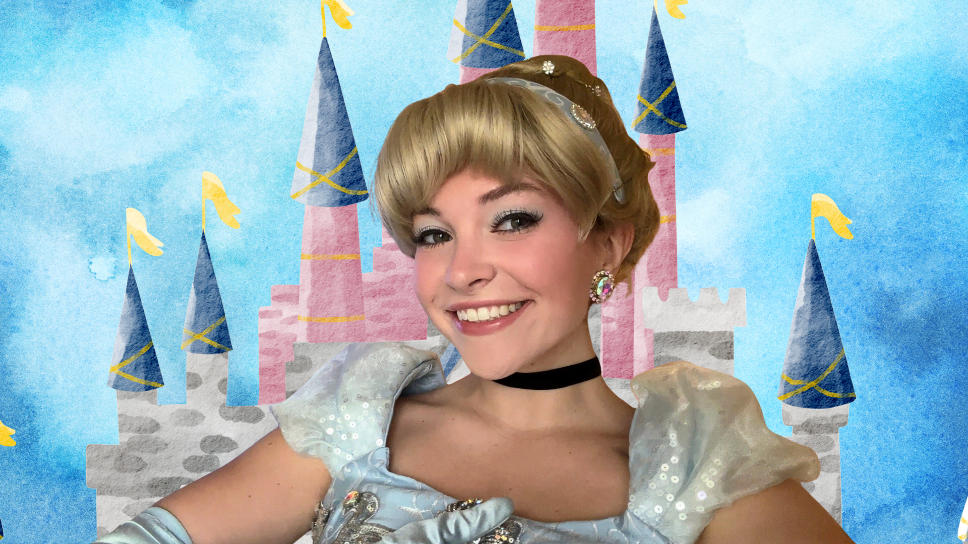 Cinderella in a beautiful sparkly blue gown in front of a fairy tale castle backdrop at a celebration