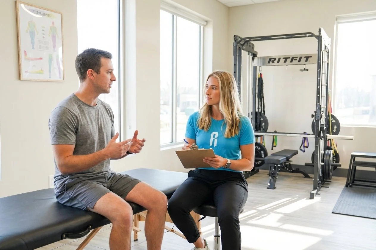 Patient working with a provider at a physical therapy clinic in Chattanooga during an initial evaluation consultation