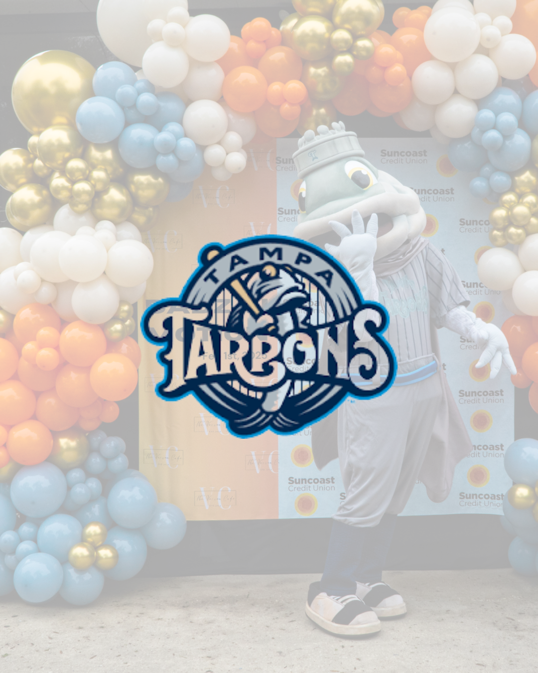 Tampa Tarpons mascot standing in front of balloon arch at event, partially obscured by team logo in foreground.