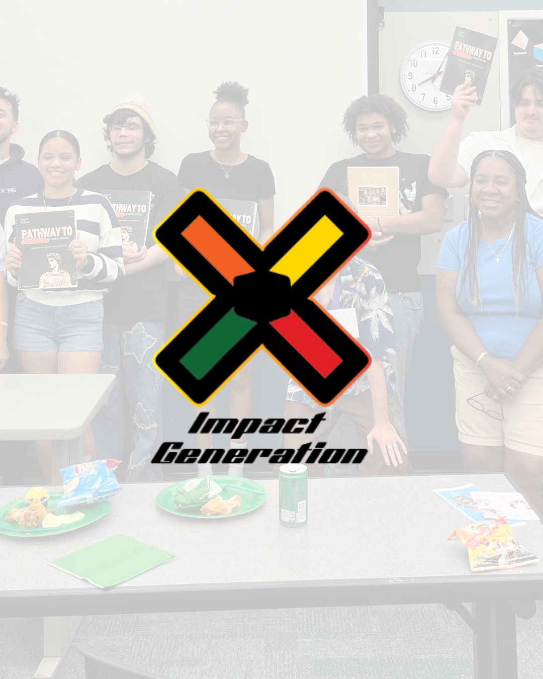 Group of diverse young people standing in a classroom holding books, with a logo of Impact Generation overlayed in front.