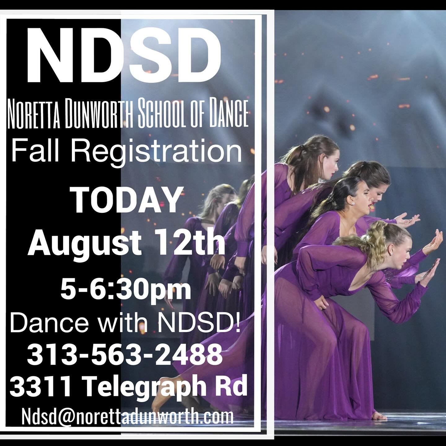 Come Dance with NDSD for our 85th Season!! TODAY August 12this our next Registration for Fall Classes from 5-6:30pm at the studio!
3311 S Telegraph Rd- 313-563-2488 #ndsd4life
Don’t Miss Out!!