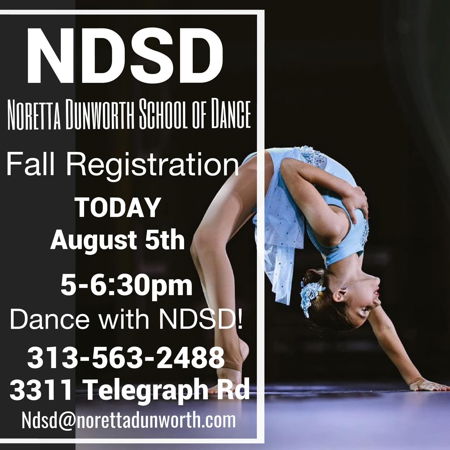 Come Dance with NDSD for our 85th Season!! TODAY is our first Registration from 5-6:30pm at the studio!
3311 S Telegraph Rd- 313-563-2488 #ndsd4life
Don’t Miss Out!!