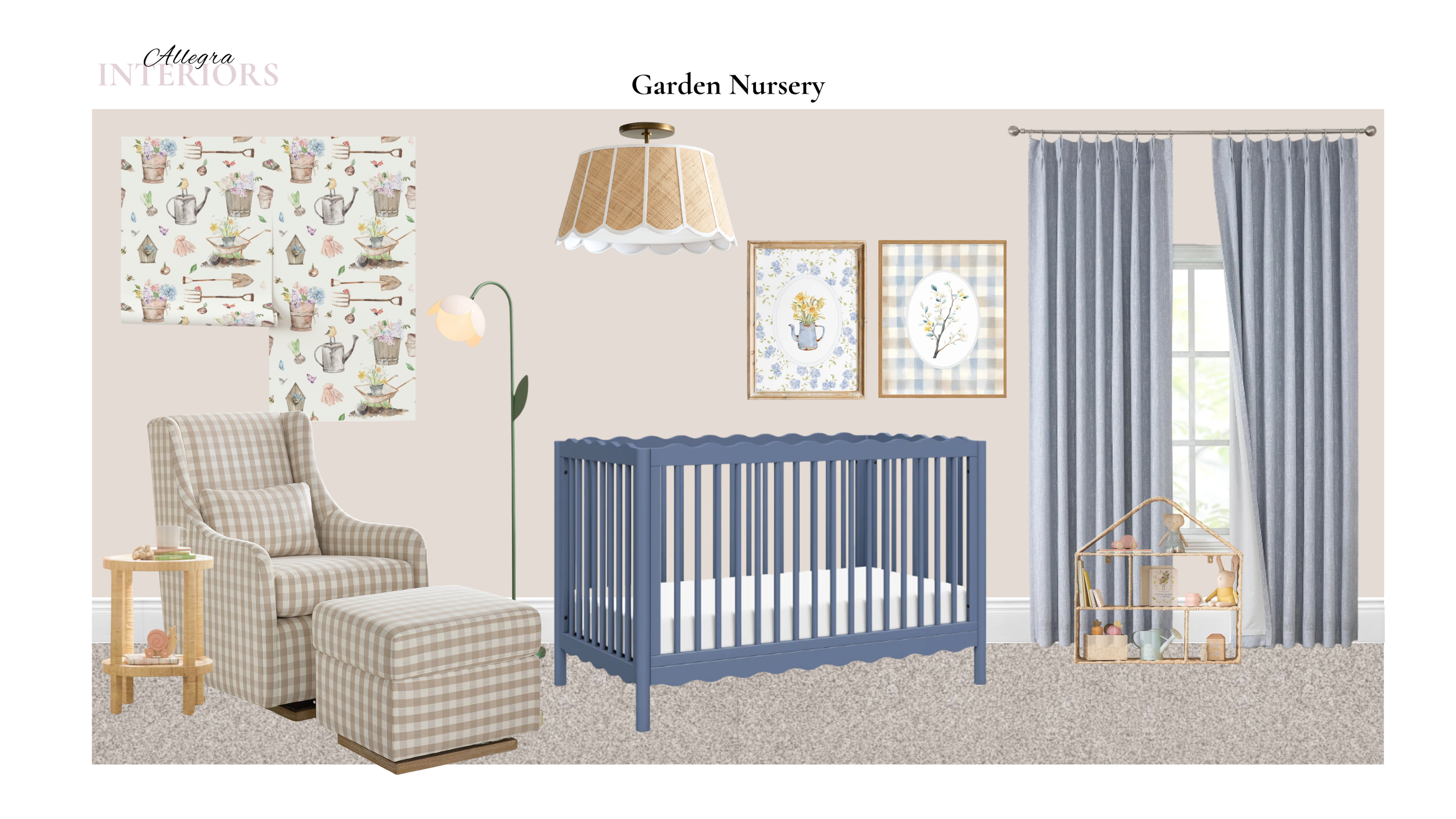 Client Profile: Young couple expecting their first baby.

Design: Couple loves gardening and desired a soft English-Cottage style. Repeated elements such as scallops on the crib and ceiling fixture as well as rattan elements can be noted.
