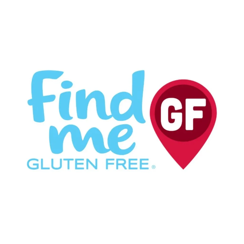 A logo with the words "find me" in light blue, "GLUTEN FREE" in blue underneath, and a red location pin with "GF" in white inside.