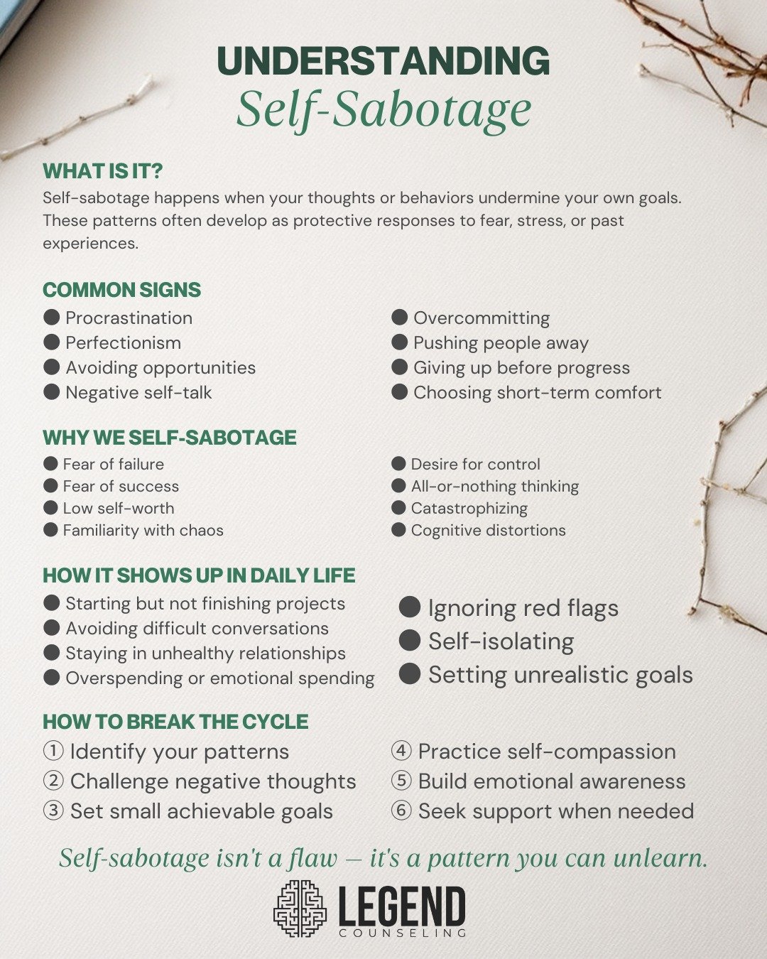 Self‑sabotage isn&rsquo;t a character flaw &mdash; it&rsquo;s a protective pattern your mind learned to survive.
But when those old patterns start blocking your growth, relationships, or goals, it&rsquo;s a sign you deserve support, not self‑criticis