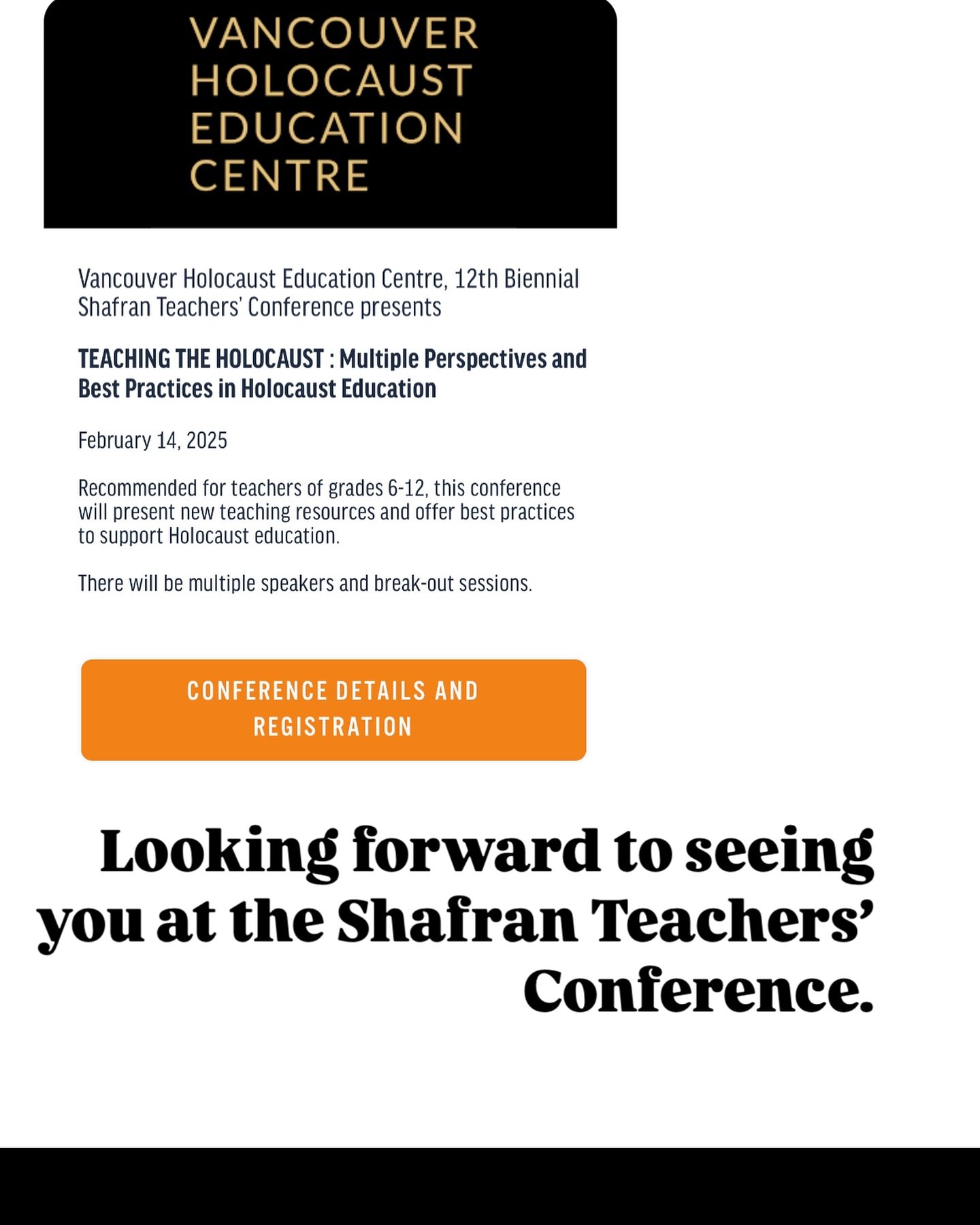 Great professional development opportunity: @thevhec Shafran Teachers&rsquo;s Conference  https://www.vhec.org/professional-development/shafran-teachers-conference/  HAEA will be there!