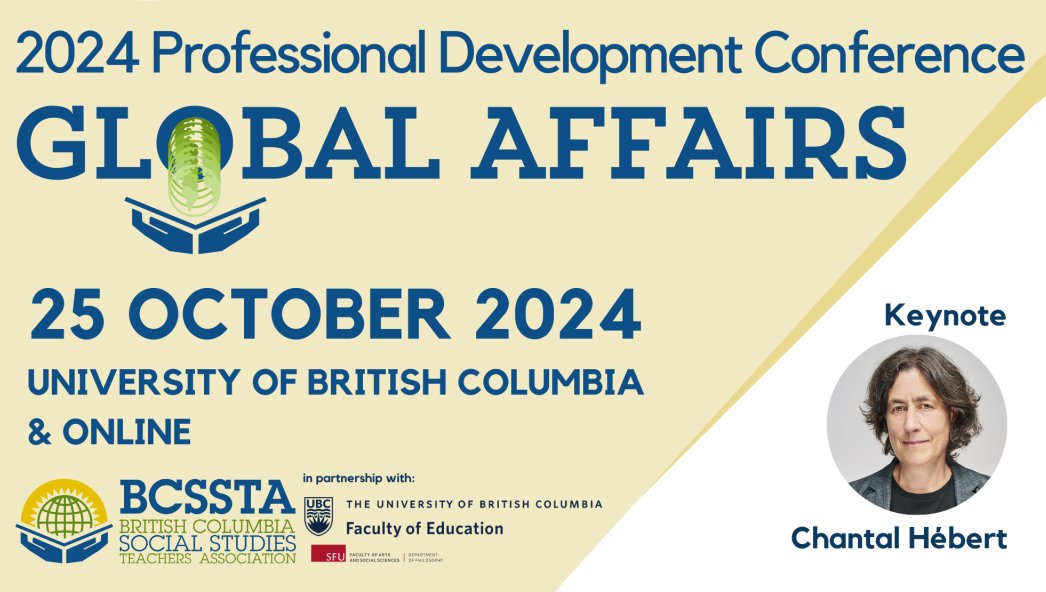 Promotional poster for the 2024 Professional Development Conference on Global Affairs, scheduled for October 25, 2024, at the University of British Columbia and online, featuring keynote speaker Chantal Hébert.