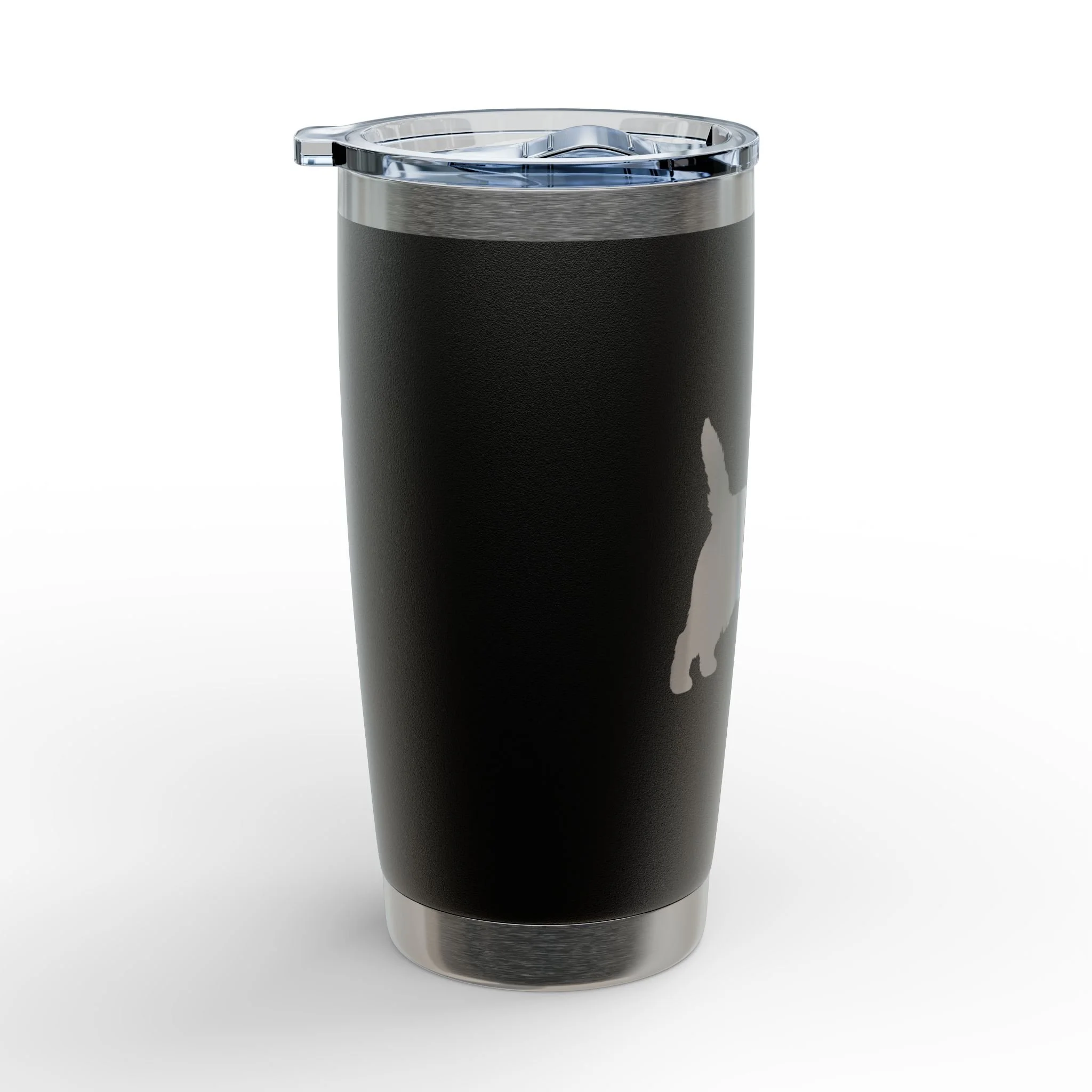 Black engraved Cairn Terrier tumbler from the side, showing the clear slide lid