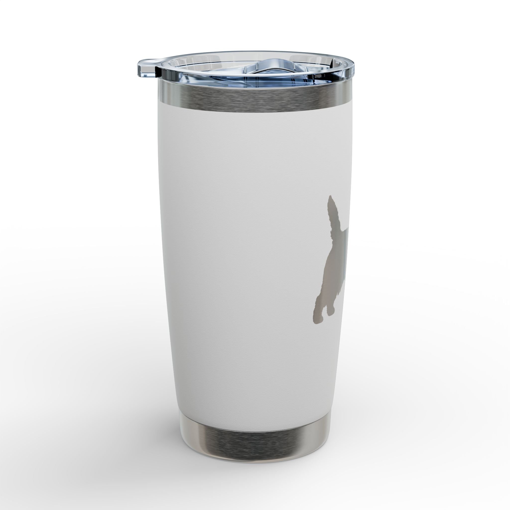 White engraved Cairn Terrier tumbler from the side, showing the clear slide lid