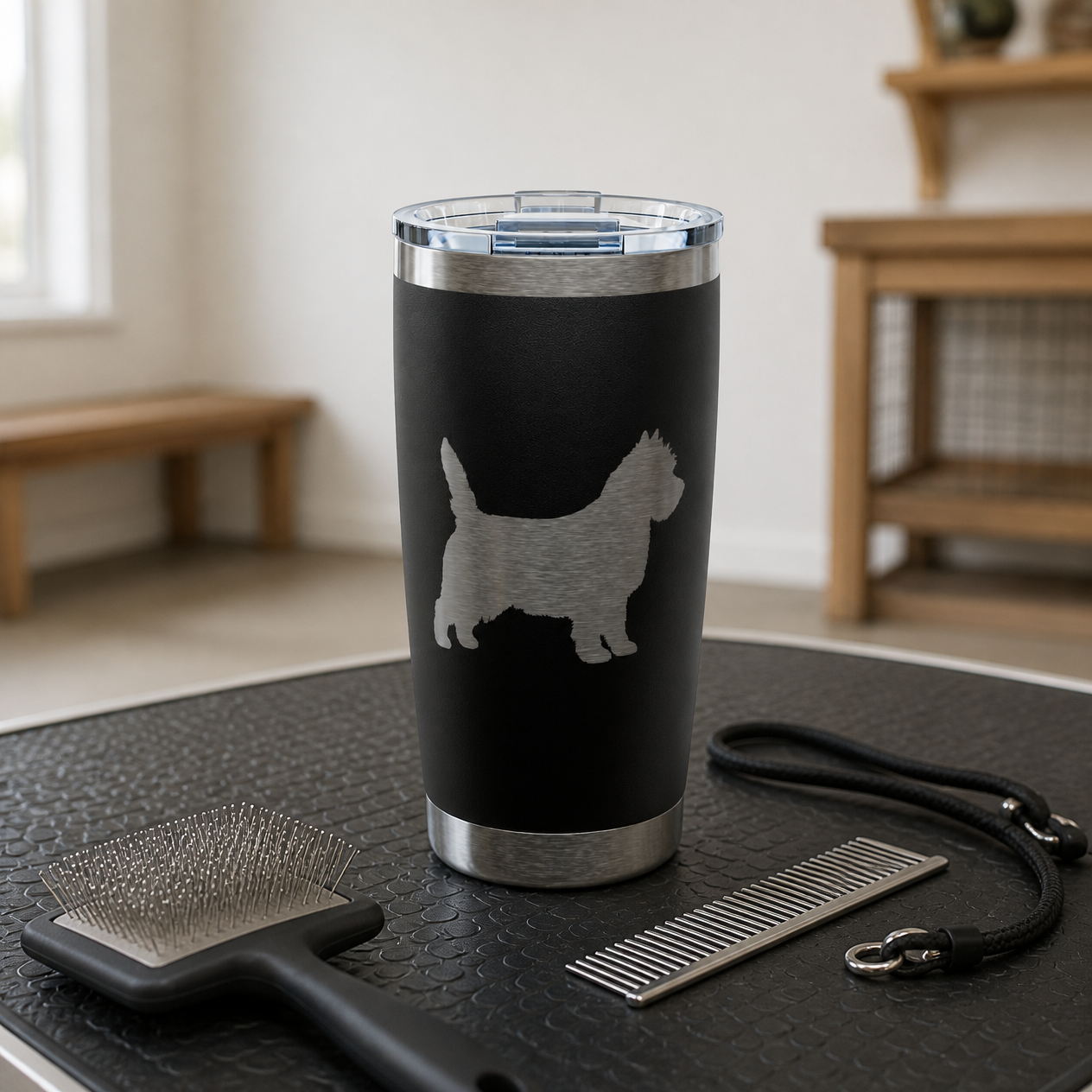 Black engraved Cairn Terrier tumbler on a dog grooming table with brush and comb